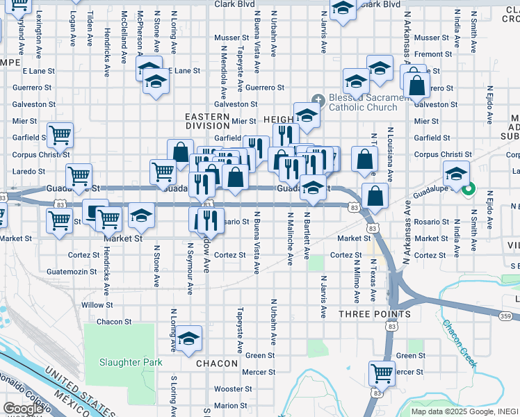 map of restaurants, bars, coffee shops, grocery stores, and more near 1901 Chihuahua Street in Laredo