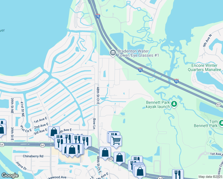 map of restaurants, bars, coffee shops, grocery stores, and more near 107 San Avellino Court in Bradenton