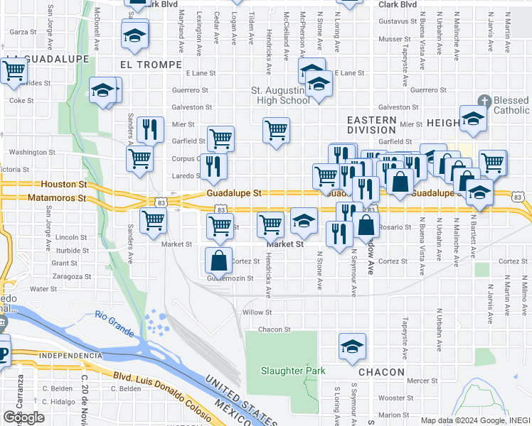 map of restaurants, bars, coffee shops, grocery stores, and more near 919 Chihuahua Street in Laredo