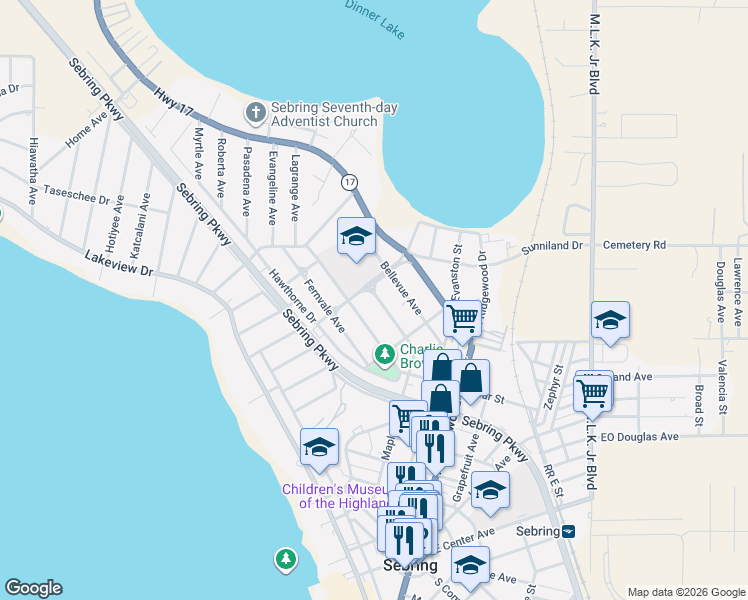 map of restaurants, bars, coffee shops, grocery stores, and more near 1145 Edgemoor Avenue in Sebring