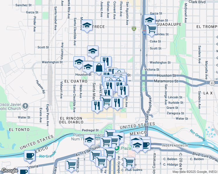 map of restaurants, bars, coffee shops, grocery stores, and more near 600-678 Salinas Avenue in Laredo
