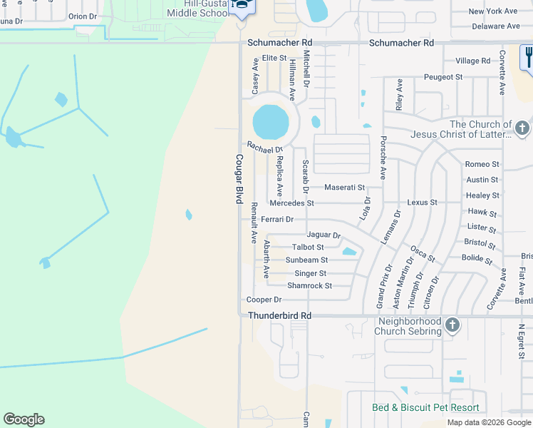 map of restaurants, bars, coffee shops, grocery stores, and more near 4500 Ferrari Drive in Sebring
