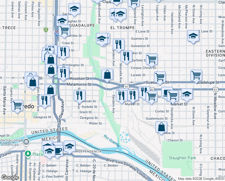 map of restaurants, bars, coffee shops, grocery stores, and more near 1020 Sanders Avenue in Laredo