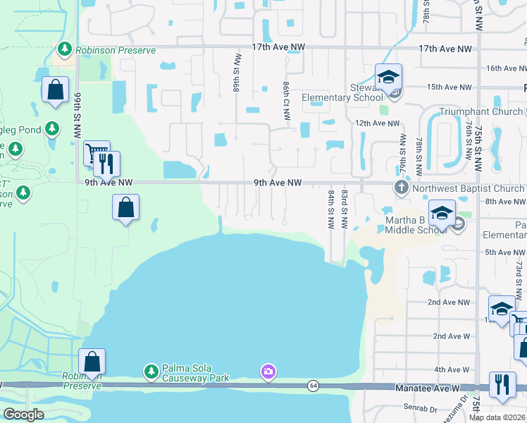 map of restaurants, bars, coffee shops, grocery stores, and more near 703 88th Street Northwest in Bradenton