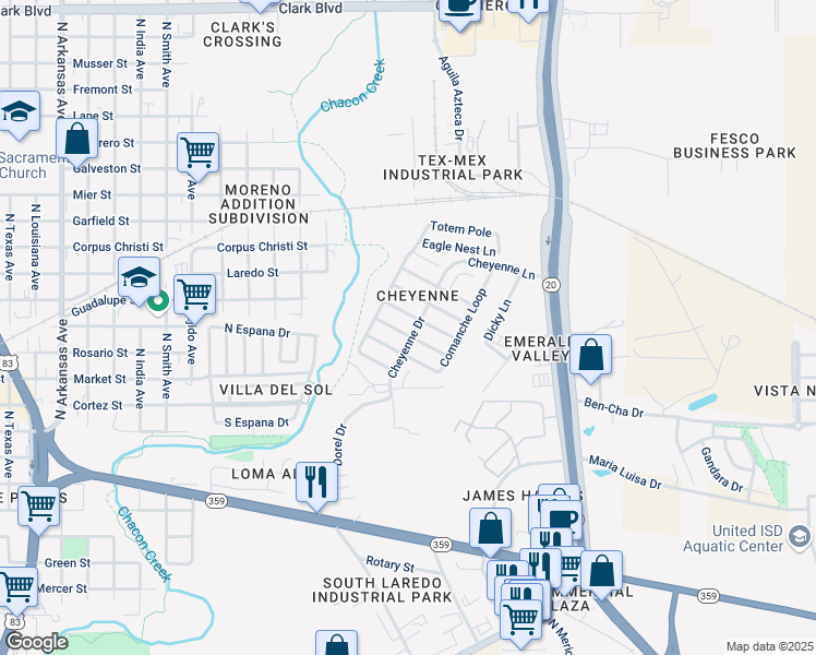 map of restaurants, bars, coffee shops, grocery stores, and more near 3920 Bear Claw Lane in Laredo