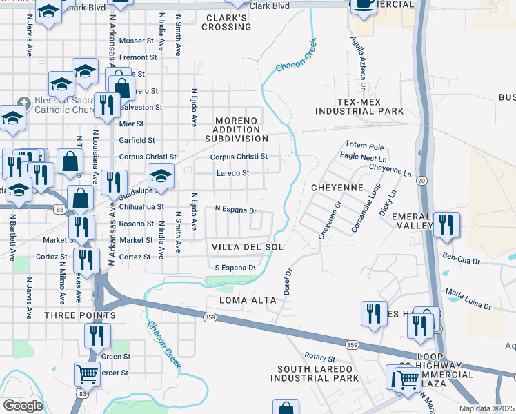 map of restaurants, bars, coffee shops, grocery stores, and more near 310 North Espana Drive in Laredo