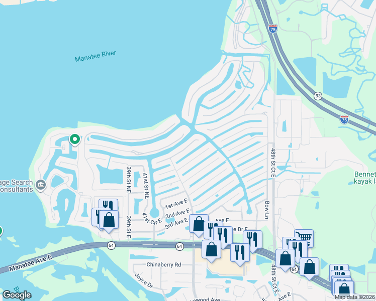 map of restaurants, bars, coffee shops, grocery stores, and more near 4528 4th Avenue Northeast in Bradenton
