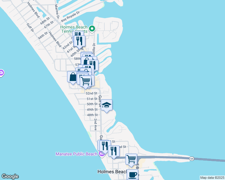 map of restaurants, bars, coffee shops, grocery stores, and more near 206 52nd Street in Holmes Beach