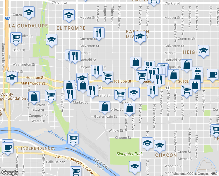 map of restaurants, bars, coffee shops, grocery stores, and more near 818 Chihuahua Street in Laredo