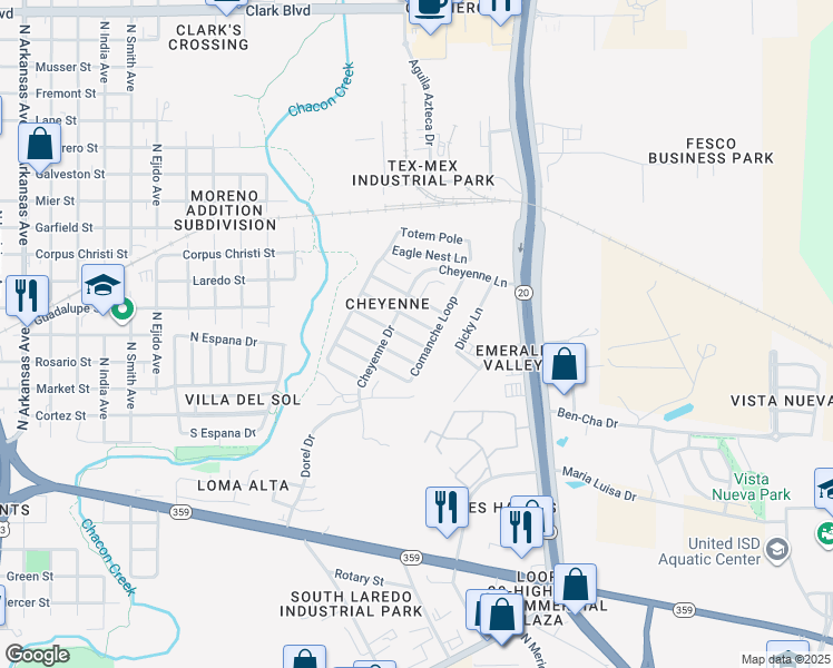 map of restaurants, bars, coffee shops, grocery stores, and more near 4016 Black Hills Lane in Laredo
