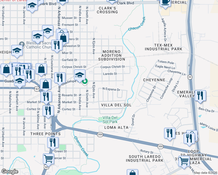 map of restaurants, bars, coffee shops, grocery stores, and more near 219 North Espana Drive in Laredo