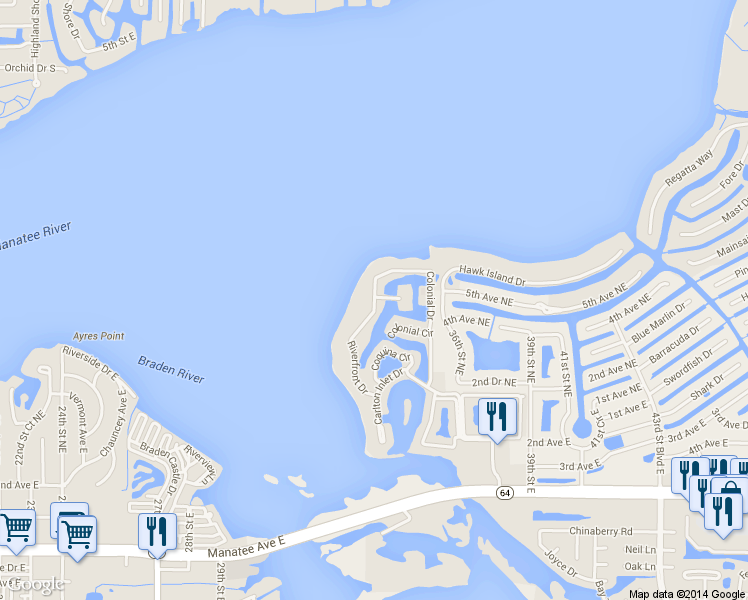 map of restaurants, bars, coffee shops, grocery stores, and more near 53 Riverfront Drive in Bradenton