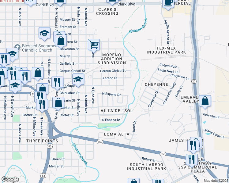 map of restaurants, bars, coffee shops, grocery stores, and more near 219 North Espana Drive in Laredo
