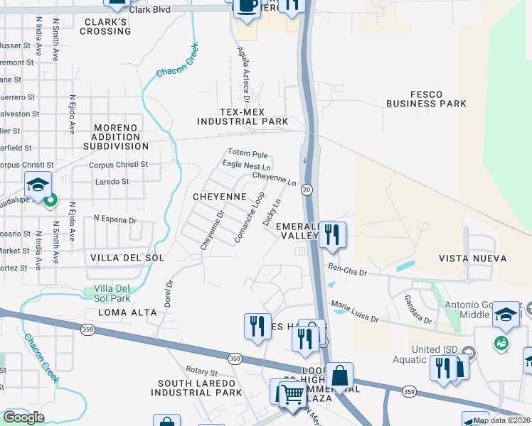 map of restaurants, bars, coffee shops, grocery stores, and more near 1008 Dicky Lane in Laredo