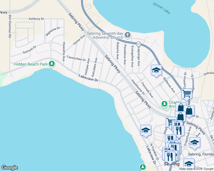map of restaurants, bars, coffee shops, grocery stores, and more near 2571 Lakeview Drive in Sebring