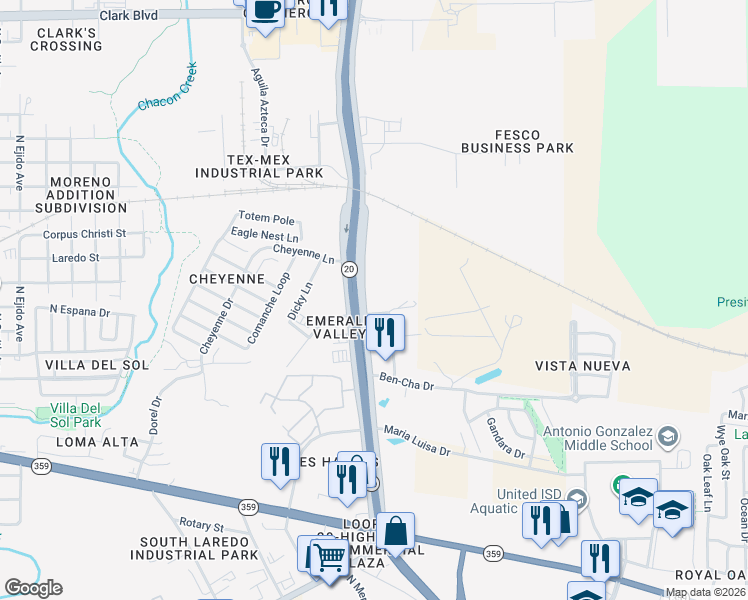 map of restaurants, bars, coffee shops, grocery stores, and more near 1011 Emerald Valley Drive in Laredo