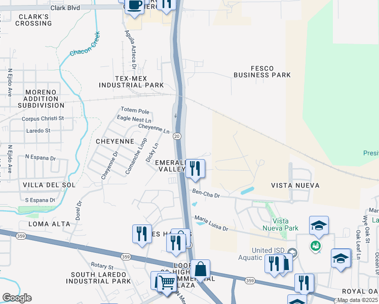 map of restaurants, bars, coffee shops, grocery stores, and more near 1011 Emerald Valley Drive in Laredo