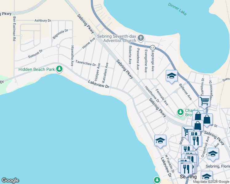 map of restaurants, bars, coffee shops, grocery stores, and more near 2571 Lakeview Drive in Sebring