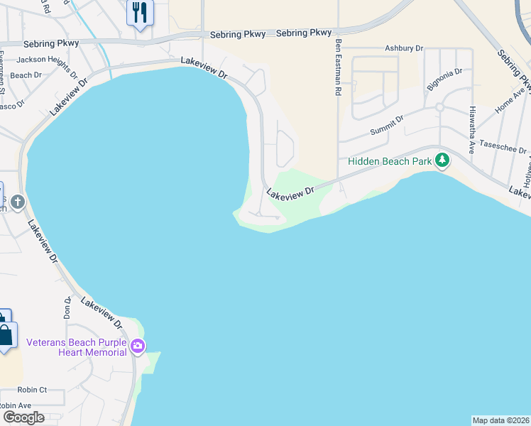 map of restaurants, bars, coffee shops, grocery stores, and more near 1347 Edgewater Point Drive in Sebring