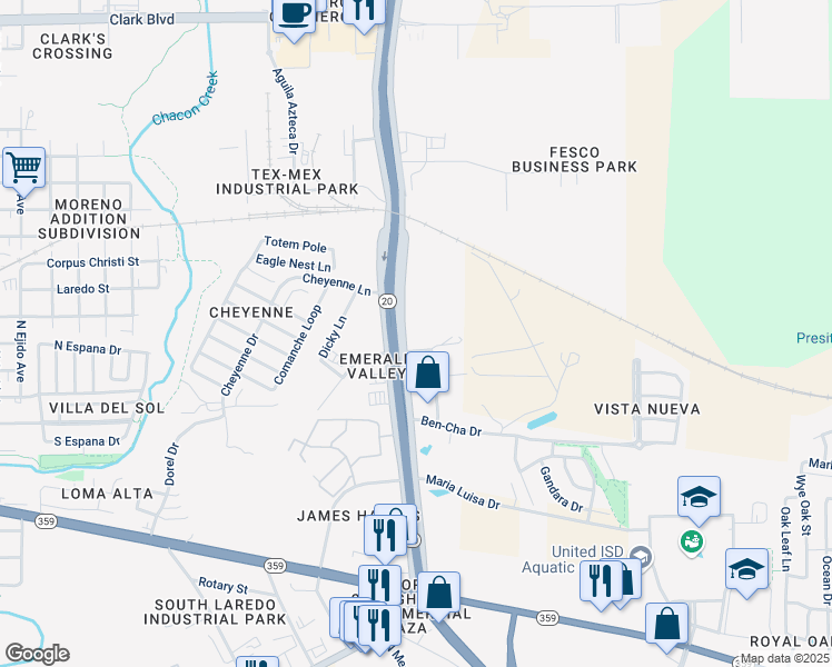 map of restaurants, bars, coffee shops, grocery stores, and more near 1011 Emerald Valley Drive in Laredo