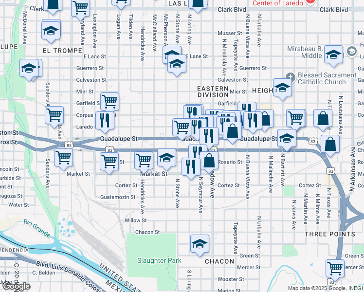 map of restaurants, bars, coffee shops, grocery stores, and more near 1301 Guadalupe Street in Laredo