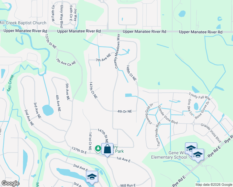 map of restaurants, bars, coffee shops, grocery stores, and more near 421 Country Meadows Way in Bradenton