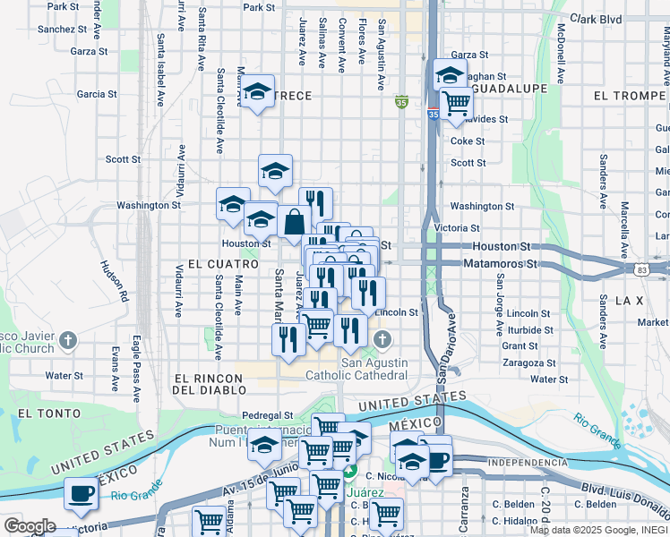 map of restaurants, bars, coffee shops, grocery stores, and more near 678 Salinas Avenue in Laredo