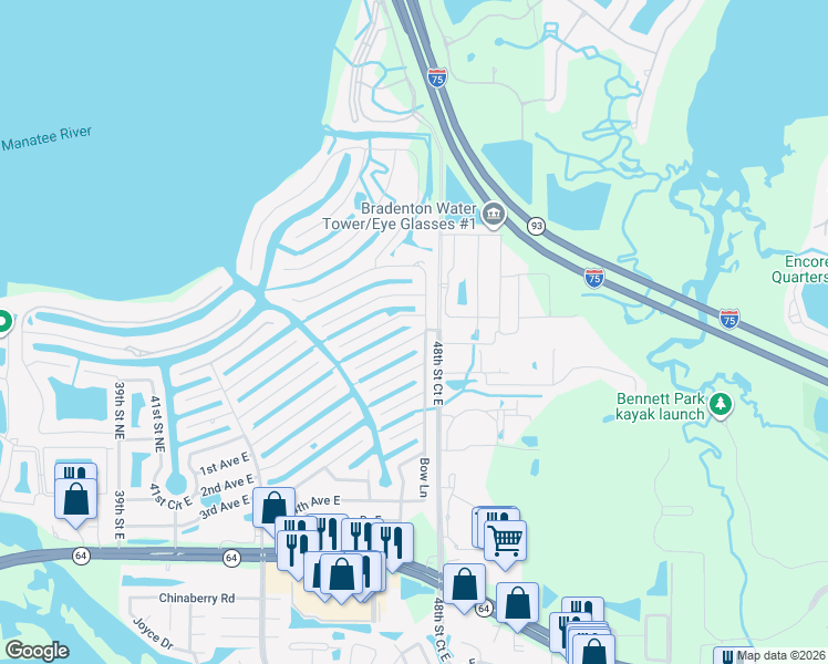 map of restaurants, bars, coffee shops, grocery stores, and more near 4751 Compass Drive in Bradenton