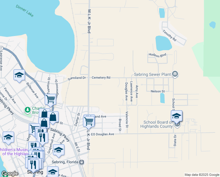map of restaurants, bars, coffee shops, grocery stores, and more near 3621 Cemetery Road in Sebring