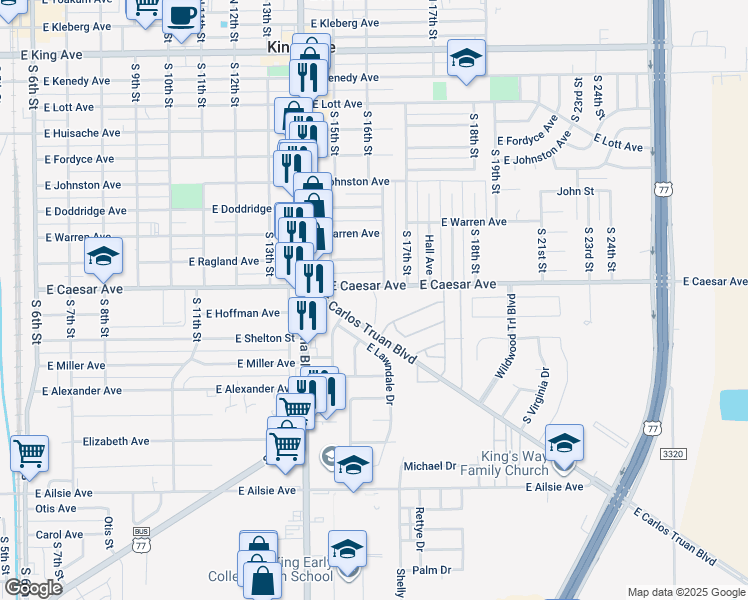 map of restaurants, bars, coffee shops, grocery stores, and more near 1201 East Caesar Avenue in Kingsville