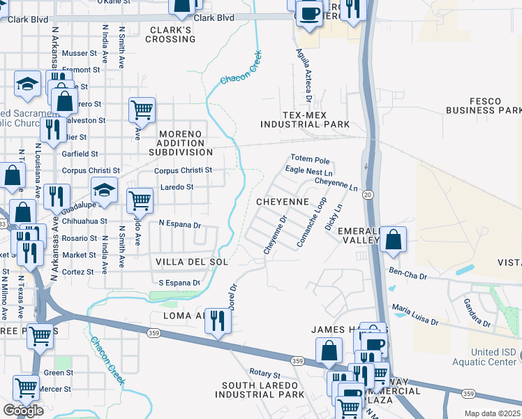 map of restaurants, bars, coffee shops, grocery stores, and more near Sioux Drive in Laredo