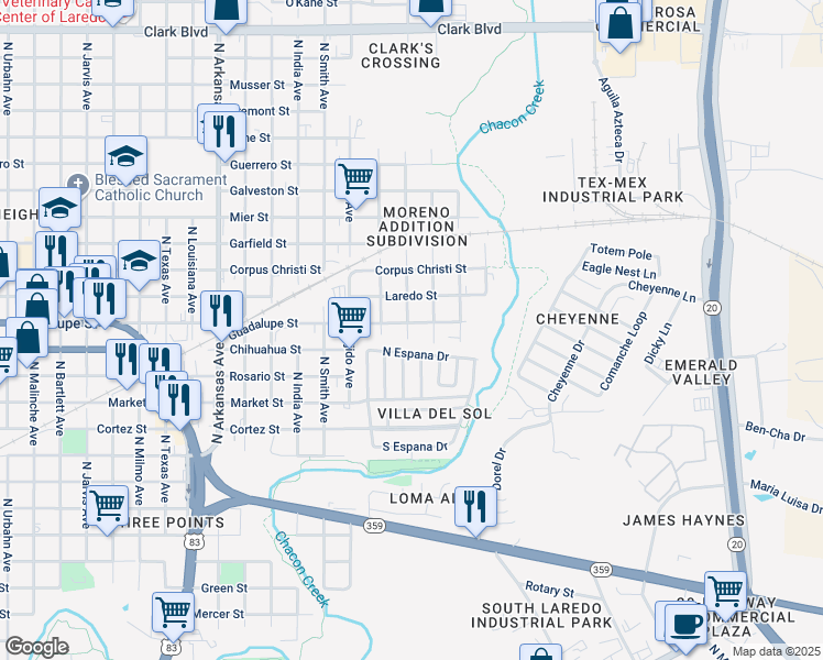 map of restaurants, bars, coffee shops, grocery stores, and more near 3502 Guadalupe Street in Laredo