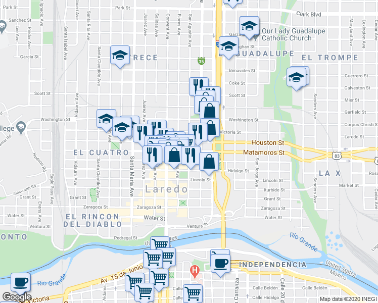 map of restaurants, bars, coffee shops, grocery stores, and more near 801 San Agustin Avenue in Laredo