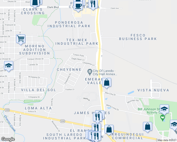 map of restaurants, bars, coffee shops, grocery stores, and more near 1069 Dicky Lane in Laredo