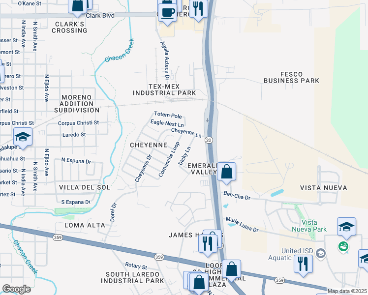 map of restaurants, bars, coffee shops, grocery stores, and more near 1016 Dicky Lane in Laredo