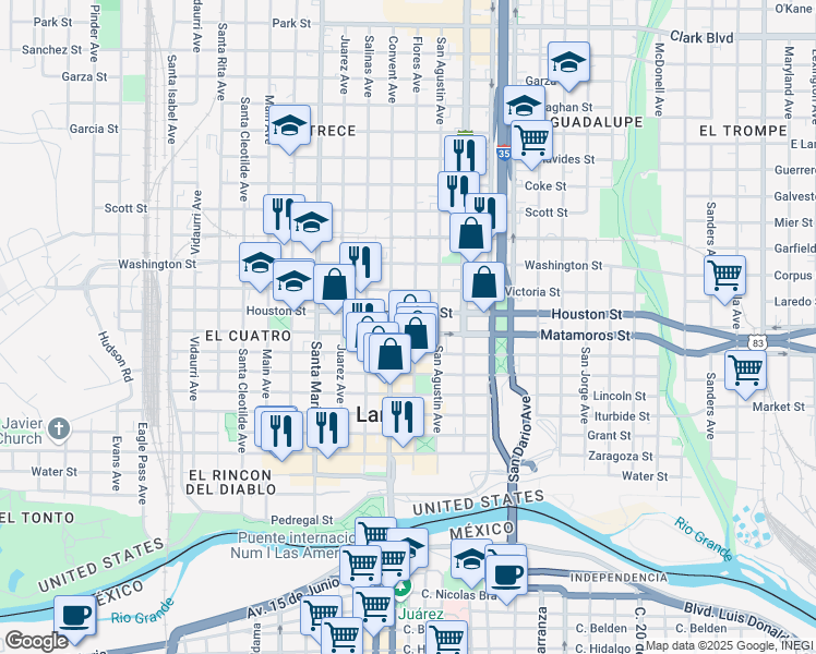 map of restaurants, bars, coffee shops, grocery stores, and more near 1105 Houston Street in Laredo