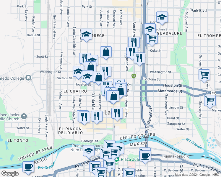 map of restaurants, bars, coffee shops, grocery stores, and more near 1214 Matamoros Street in Laredo