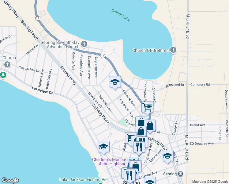 map of restaurants, bars, coffee shops, grocery stores, and more near 817 Woodlawn Drive in Sebring