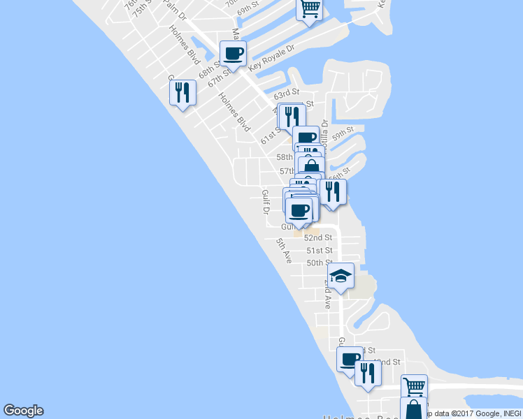 map of restaurants, bars, coffee shops, grocery stores, and more near 2 Gulf Drive in Holmes Beach