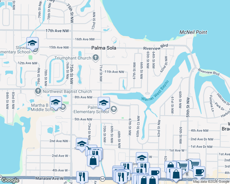 map of restaurants, bars, coffee shops, grocery stores, and more near 6903 9th Avenue Northwest in Bradenton