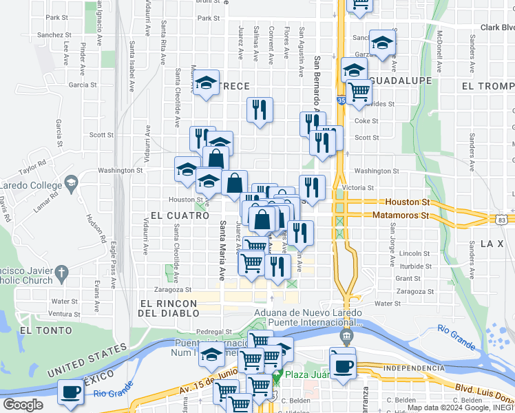 map of restaurants, bars, coffee shops, grocery stores, and more near 1214 Matamoros Street in Laredo