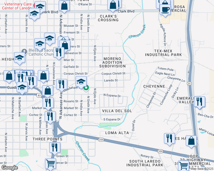 map of restaurants, bars, coffee shops, grocery stores, and more near 3502 Guadalupe Street in Laredo