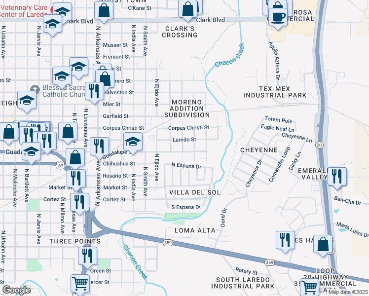 map of restaurants, bars, coffee shops, grocery stores, and more near 3502 Guadalupe Street in Laredo