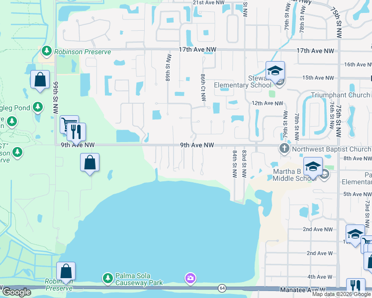 map of restaurants, bars, coffee shops, grocery stores, and more near 807 88th Street Northwest in Bradenton