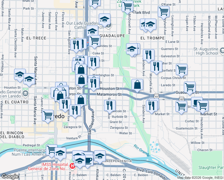 map of restaurants, bars, coffee shops, grocery stores, and more near 315 Houston Street in Laredo