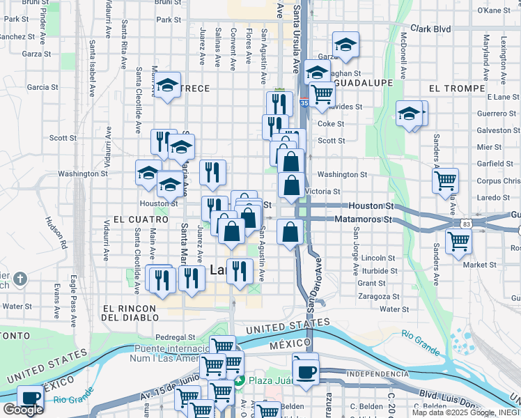 map of restaurants, bars, coffee shops, grocery stores, and more near 1000 Houston Street in Laredo