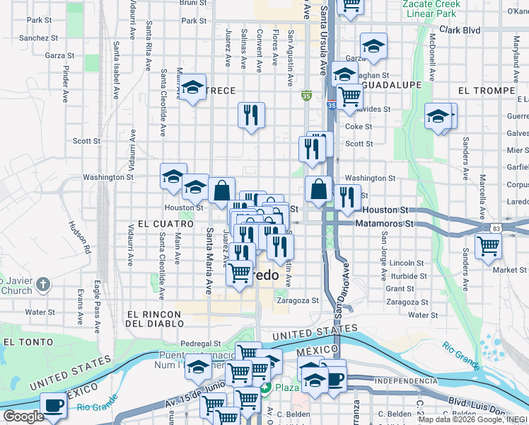 map of restaurants, bars, coffee shops, grocery stores, and more near 1105 Houston Street in Laredo