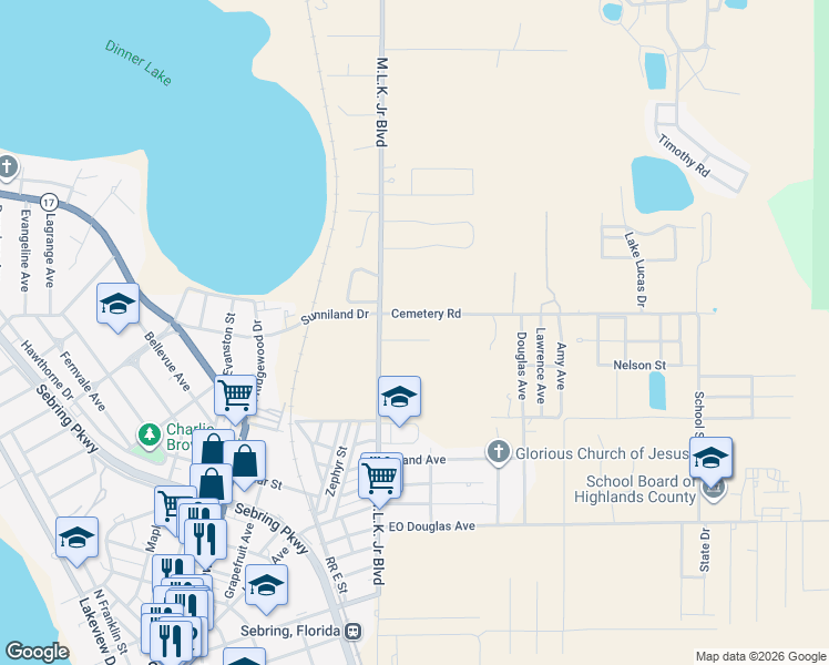 map of restaurants, bars, coffee shops, grocery stores, and more near 3524 Curry Street in Sebring