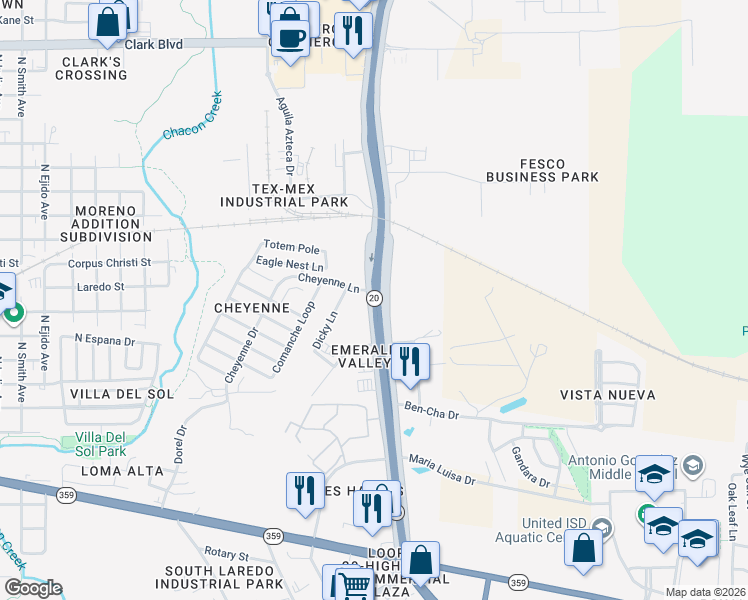 map of restaurants, bars, coffee shops, grocery stores, and more near Texas 20 Loop in Laredo
