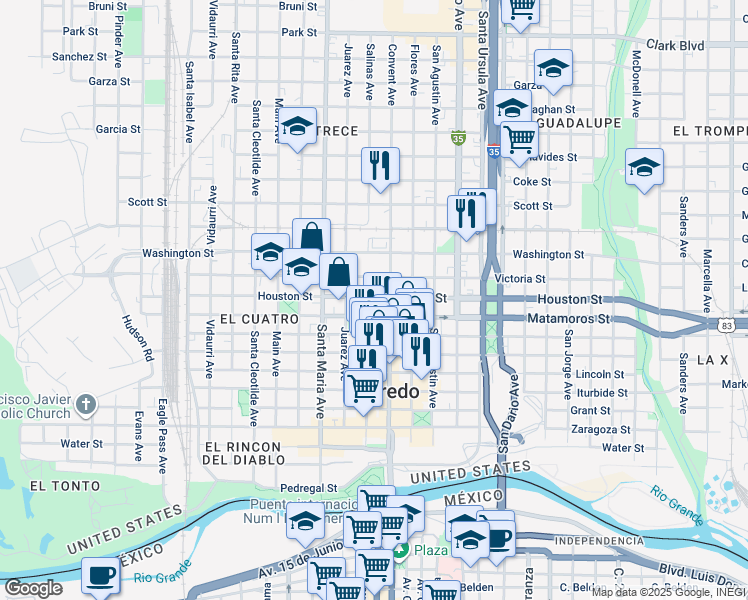 map of restaurants, bars, coffee shops, grocery stores, and more near 815 Salinas Avenue in Laredo